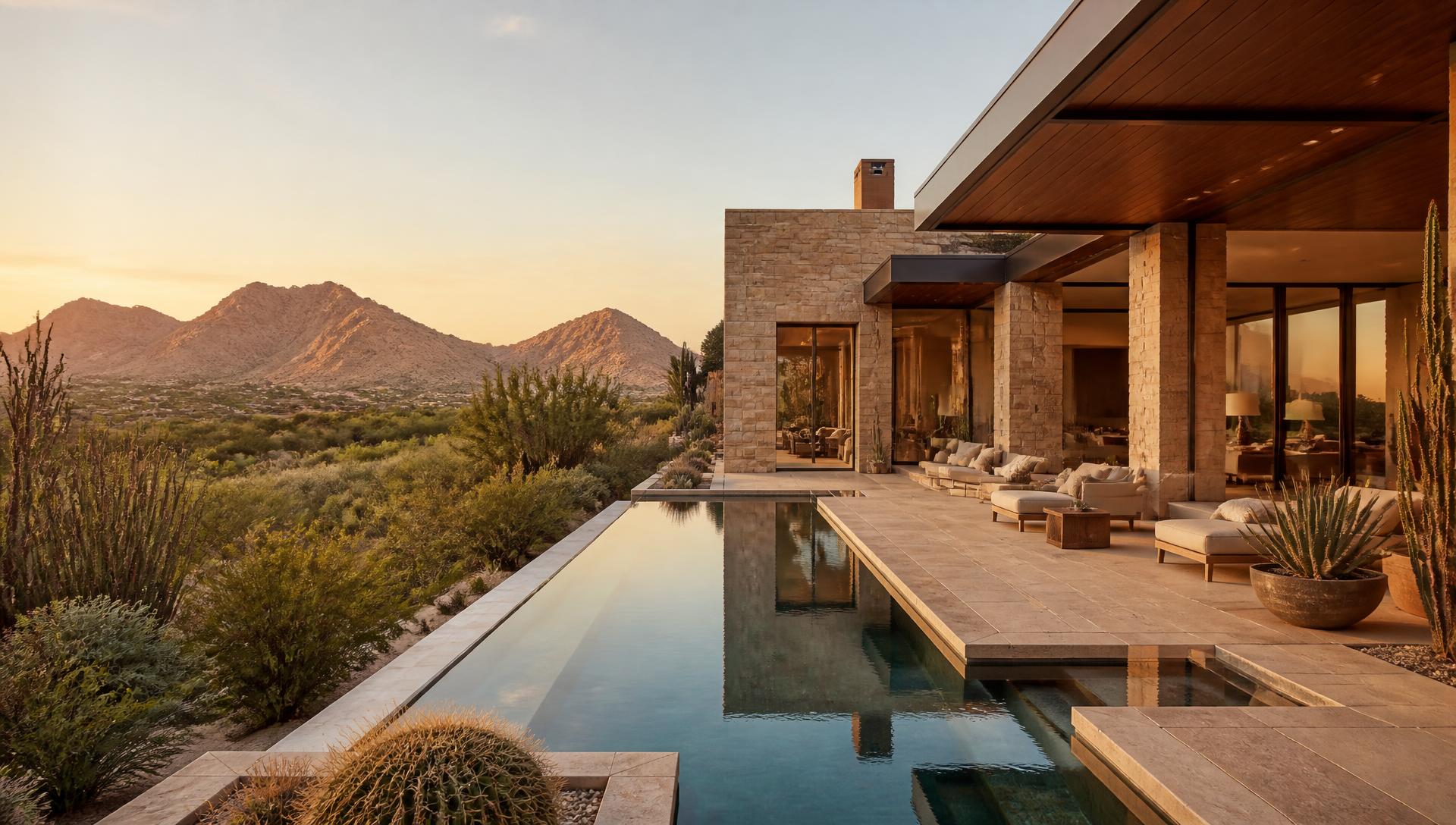 Luxury Scottsdale desert estate at sunset with infinity pool, stone walls and mountain views
